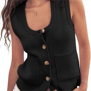 PrettyGarden | Black Button-Down Scoop-Neck Sweater-Vest with Pockets Sz XXL